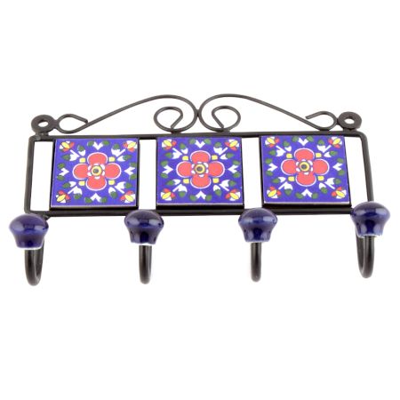 Navy Blue And Red Floral Tiles Hooks